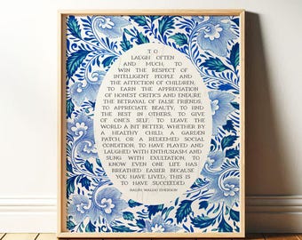 Success Quote, Ralph Waldo Emerson | Poetry Wall Art | Poem Print, Blue Floral Decor for Office or Classroom | Framed Print or Canvas