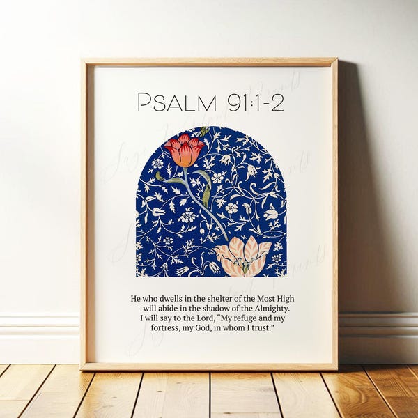 Psalm 91 Art Print: William Morris Floral, Christian Wall Decor (Framed Print or Canvas)