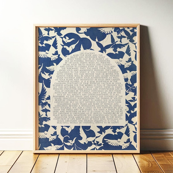 Desiderata Impression | Allez-y calmement | Art mural édifiant, impression d'inspiration, art abstrait oiseau bleu MidCentury avec arche | Téléchargement numérique