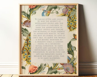 Success Quote, Ralph Waldo Emerson | Poetry Wall Art | Inspirational Poem Print, Mid Century Style Decor for Office | Framed Print or Canvas