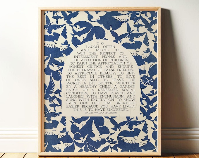 Success Quote, Ralph Waldo Emerson | Poetry Wall Art | Poem Print, Abstract Bird Midcentury Decor for Library or Classroom | Print or Canvas