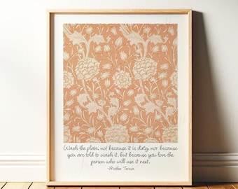 Kitchen Wall Art, Mother Teresa Wash the Plate Quote | Orange William Morris Boho Decor for Christian, Catholic Mom | Framed Print or Canvas