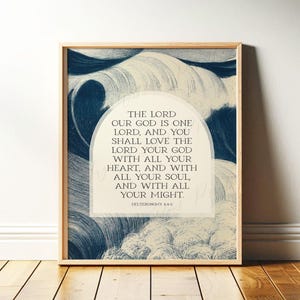Deuteronomium 6: 4-5 Druck | Christliche Wandkunst, Bibel-Vers-Wandbehang, Vintage blaue Ozeanwellen-Schrift für das göttliche Haus, digitaler Download
