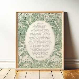 Poesia Invictus / Arte murale edificante e stimolante / Padrone del mio destino, Capitano della mia anima, Download digitale di William Morris con fiori verdi vintage
