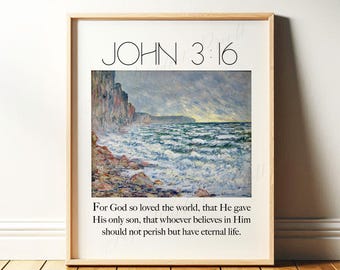 John 3:16 Bible Verse Wall Art | Blue Christian Art | Religious Printable Art for Bathroom | For God So Loved the World | Scripture Download