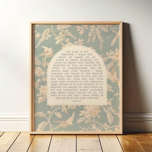 Psalm 23 Art: "Lord is My Shepherd" | Christian Wall Art, Bible Verse for Nursery, Subtle Blue Green Toile Scripture, Framed Print or Canvas
