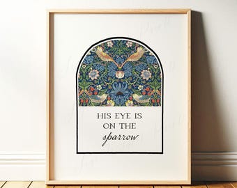 His Eye is on the Sparrow, Christian Wall Art | Vintage Bible Verse Arch with William Morris Art, Matthew 6, Religious Hymn Print or Canvas