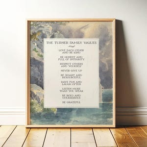 May include: Framed print featuring "The Turner Family Values" in elegant script. The artwork has a watercolor-style background with blue, green, and beige tones. The wooden frame adds a classic touch to the inspirational message.