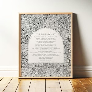 May include: A framed wall art print featuring a black and white botanical pattern with a central arch containing the text: THE JAMES FAMILY, May this home be a place of love, where laughter is plentiful and hearts feel safe to rest.