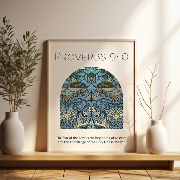 Bible Verse Wall Art Printable | Proverbs 9 | Bible Verse Print Out | Bible Verse Digital Download | Fear of the Lord is Beginning of Wisdom