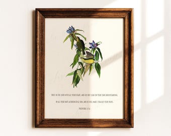 Proverbs 3:5-6, Bible Verse Wall Art | Vintage Christian Bird Art | Scripture Decor | Trust in the Lord with All Your Heart | Printable File