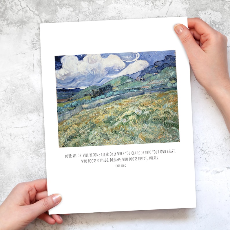 Carl Jung quote print - who looks inside awakes - with vintage landscape art by Vincent Van Gogh
