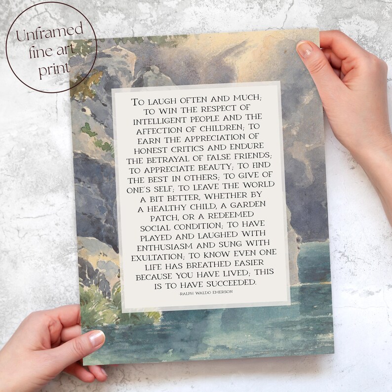 Ralph Waldo Emerson Poem: "Success" | Subtle Watercolor Vintage Poetry Wall Art | Framed Print or Canvas