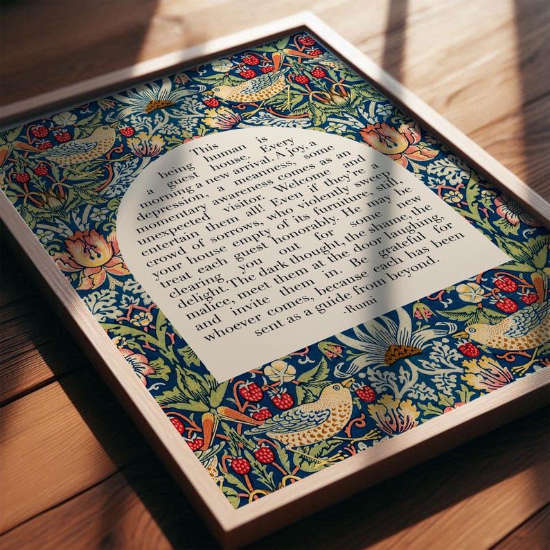 Rumi Guest House Quote | Mental Health Wall Art | Healing Journey, Self Care Office Decor with Colorful Vintage Art Print OR Canvas