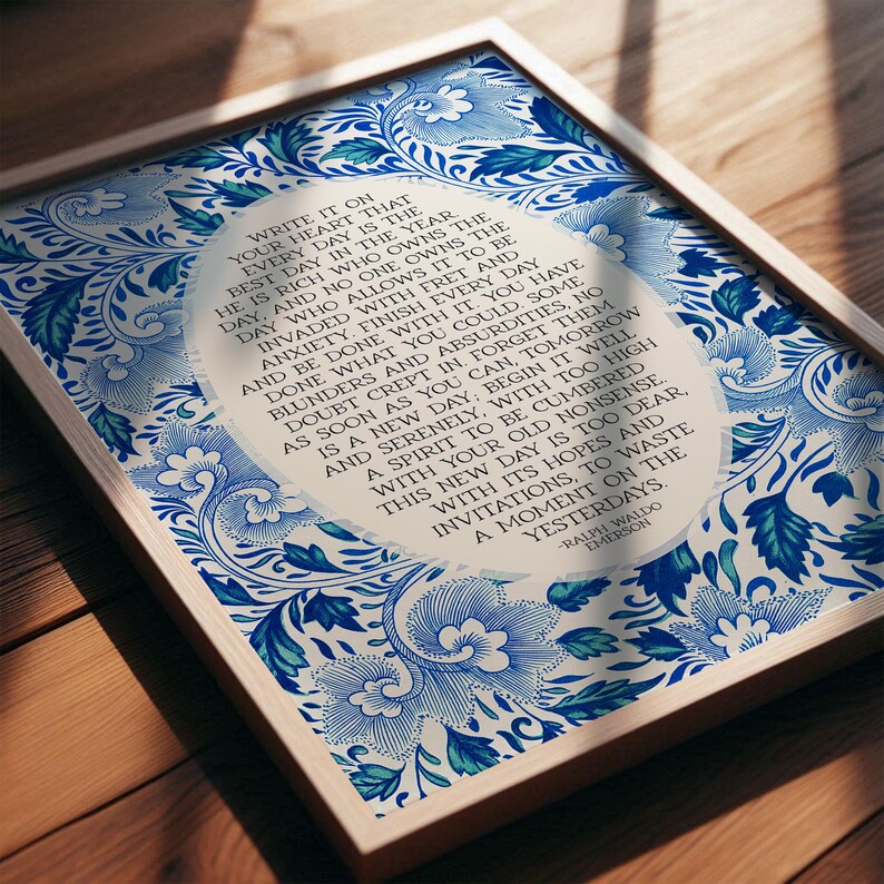 Ralph Waldo Emerson | Write it On Your Heart | Blue Green Vintage Floral Wall Art Print for Entryway, Kitchen, Digital Download, Printable