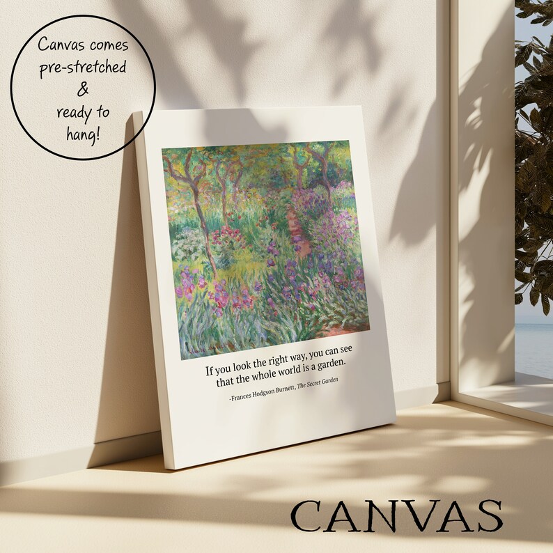 Quote from The Secret Garden on canvas in boho interior, with pastel vintage art from Monet