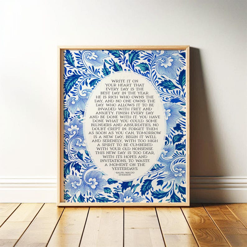 Ralph Waldo Emerson | Write it On Your Heart | Blue Green Vintage Floral Wall Art Print for Entryway, Kitchen, Digital Download, Printable