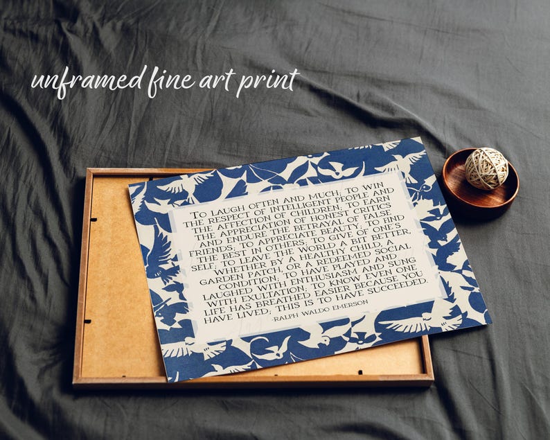Ralph Waldo Emerson Success Poem | Poetry Wall Art | Horizontal Midcentury Style Literary Decor with Abstract Blue Birds | Print or Canvas