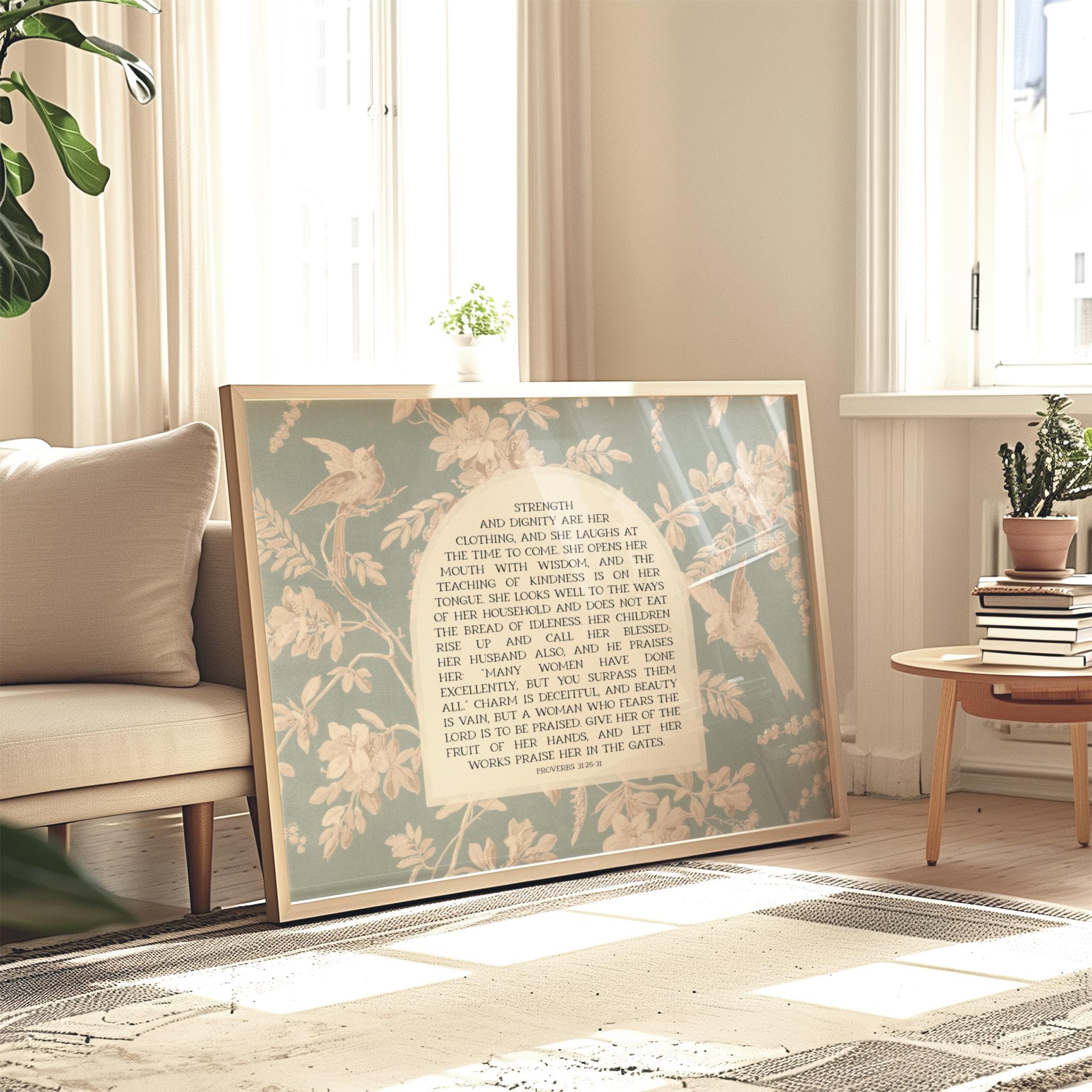 Proverbs 31 Scripture Art: Blue Green Toile Print, Christian Home Decor ...