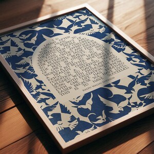 Print of Ralph waldo emerson success quote with text placed in a beige arch in the center and surrounded by an abstract midcentury blue and off white bird pattern