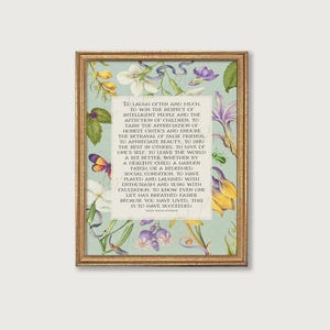 Print of Ralph Waldo Emerson Success poem written in a white center rectangle, surrounded by a background of light blue with vintage floral artwork. Pictured in a vintage gold frame.