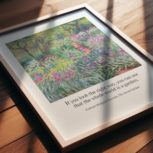 Quote from The Secret Garden in natural wood frame, with pastel vintage art from Monet