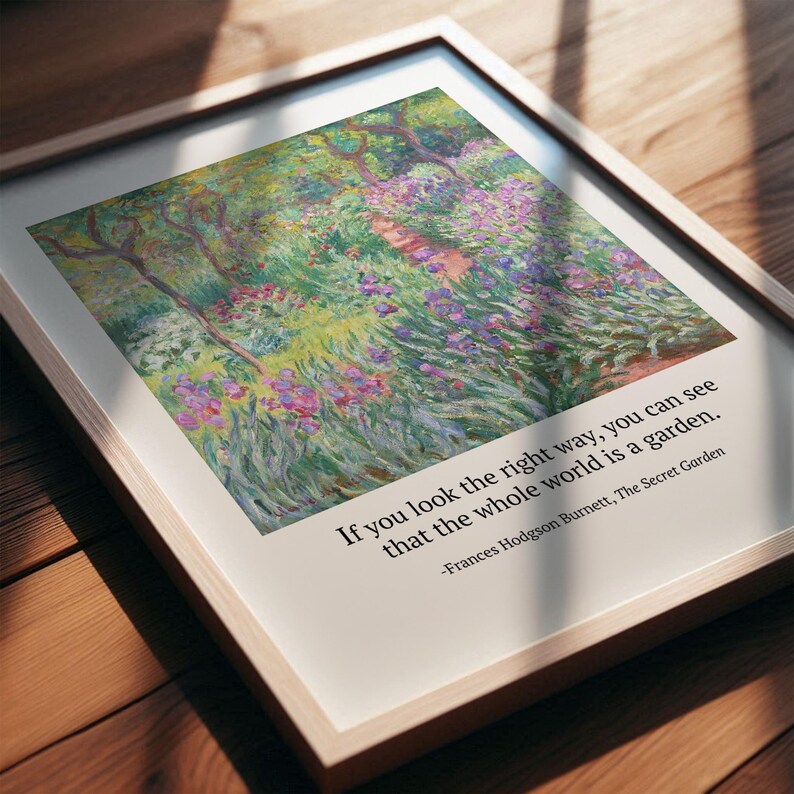 Quote from The Secret Garden in natural wood frame, with pastel vintage art from Monet