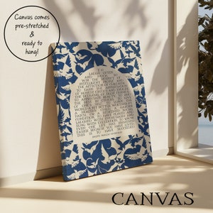 Print of Ralph waldo emerson success quote with text placed in a beige arch in the center and surrounded by an abstract midcentury blue and off white bird pattern. Pictured as a canvas that comes ready to hang