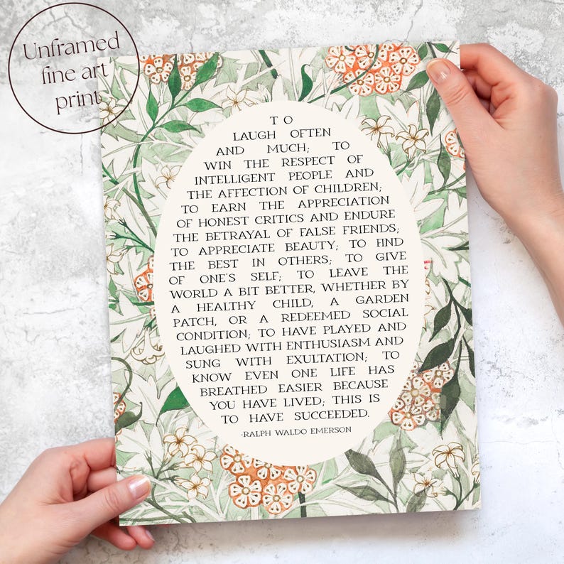 Success Quote, Ralph Waldo Emerson | Poetry Wall Art | Poem Print, Subtle Decor for Library or Classroom | Print or Canvas