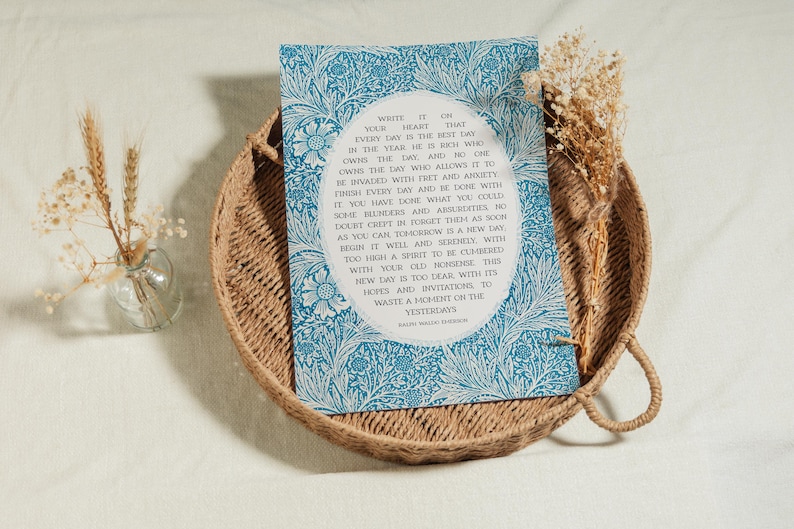 Ralph Waldo Emerson Poem Print | Boho Kitchen Wall Art for Poetry Lover | Write it On Your Heart | Blue Bathroom Decor | Print or Canvas