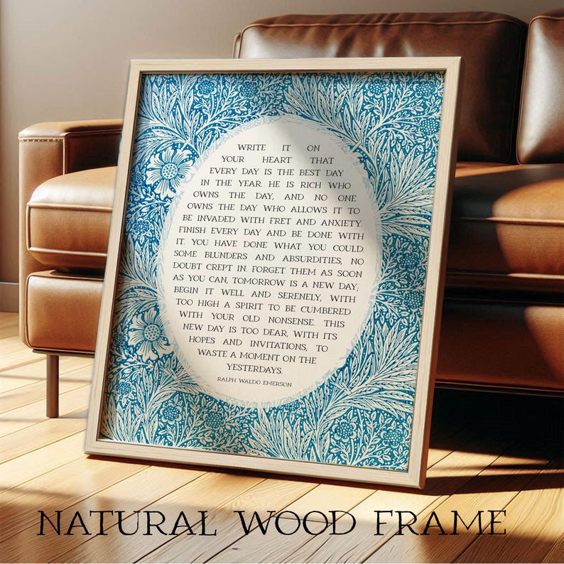 Ralph Waldo Emerson Poem Print | Boho Kitchen Wall Art for Poetry Lover | Write it On Your Heart | Blue Bathroom Decor | Print or Canvas