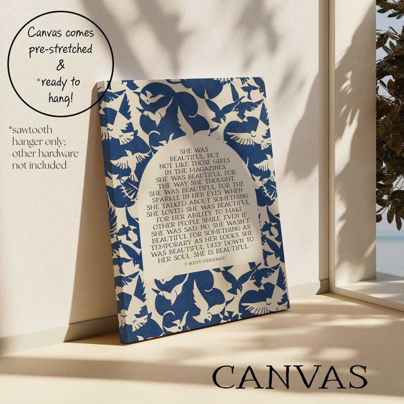 She Was Beautiful, F. Scott Fitzgerald Quote | Blue and White Literary Wall Art with Birds | Modern Art Print for Entryway | Print or Canvas
