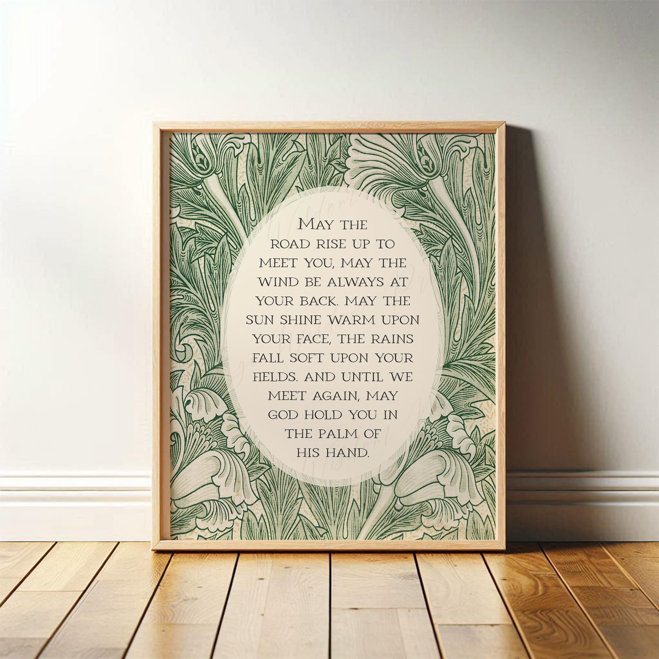 Irish Blessing Poem | May the Road Rise Poem for New Home, Closing, Housewarming Gift | Green Floral William Morris Art | Print or Canvas