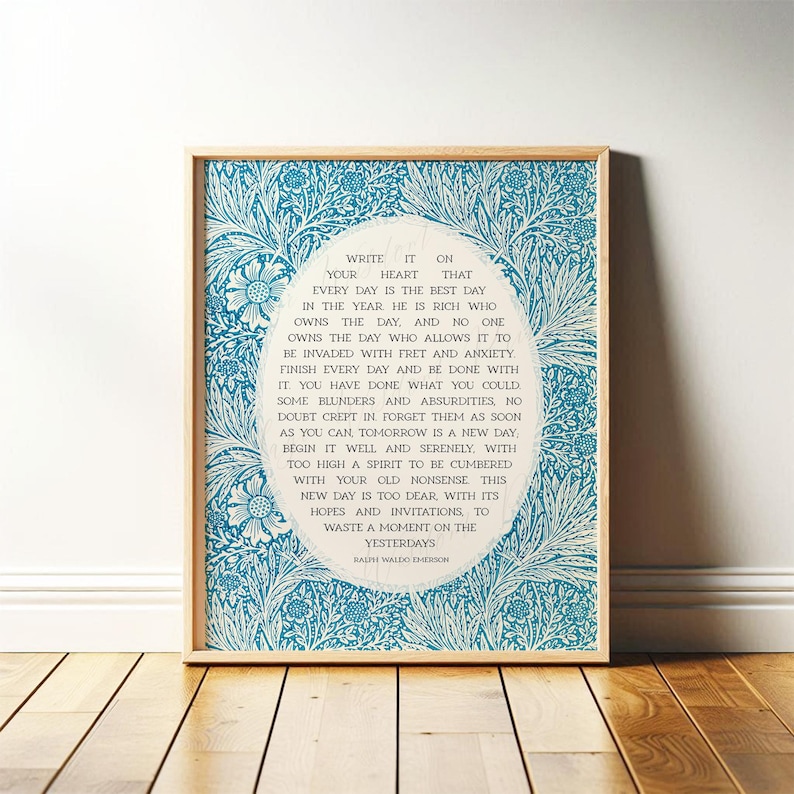 Ralph Waldo Emerson Poem Print | Boho Kitchen Wall Art for Poetry Lover | Write it On Your Heart | Blue Bathroom Decor | Print or Canvas