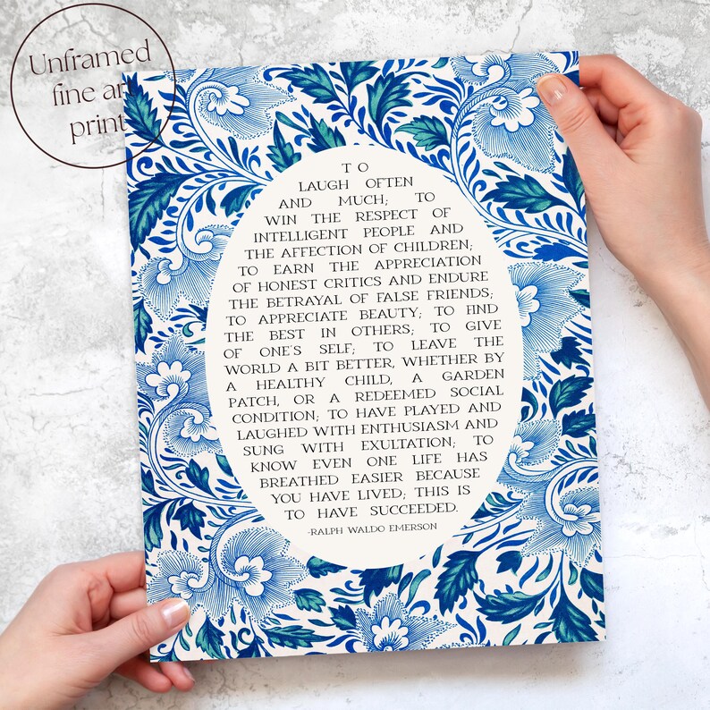 Success Quote, Ralph Waldo Emerson | Poetry Wall Art | Poem Print, Blue Floral Decor for Office or Classroom | Framed Print or Canvas