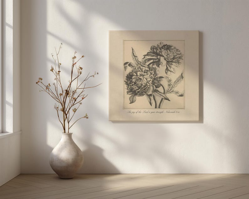 Vintage Christian art print with beautiful floral artwork and a Bible verse from Nehemiah 8 - The joy of the Lord is your strength.