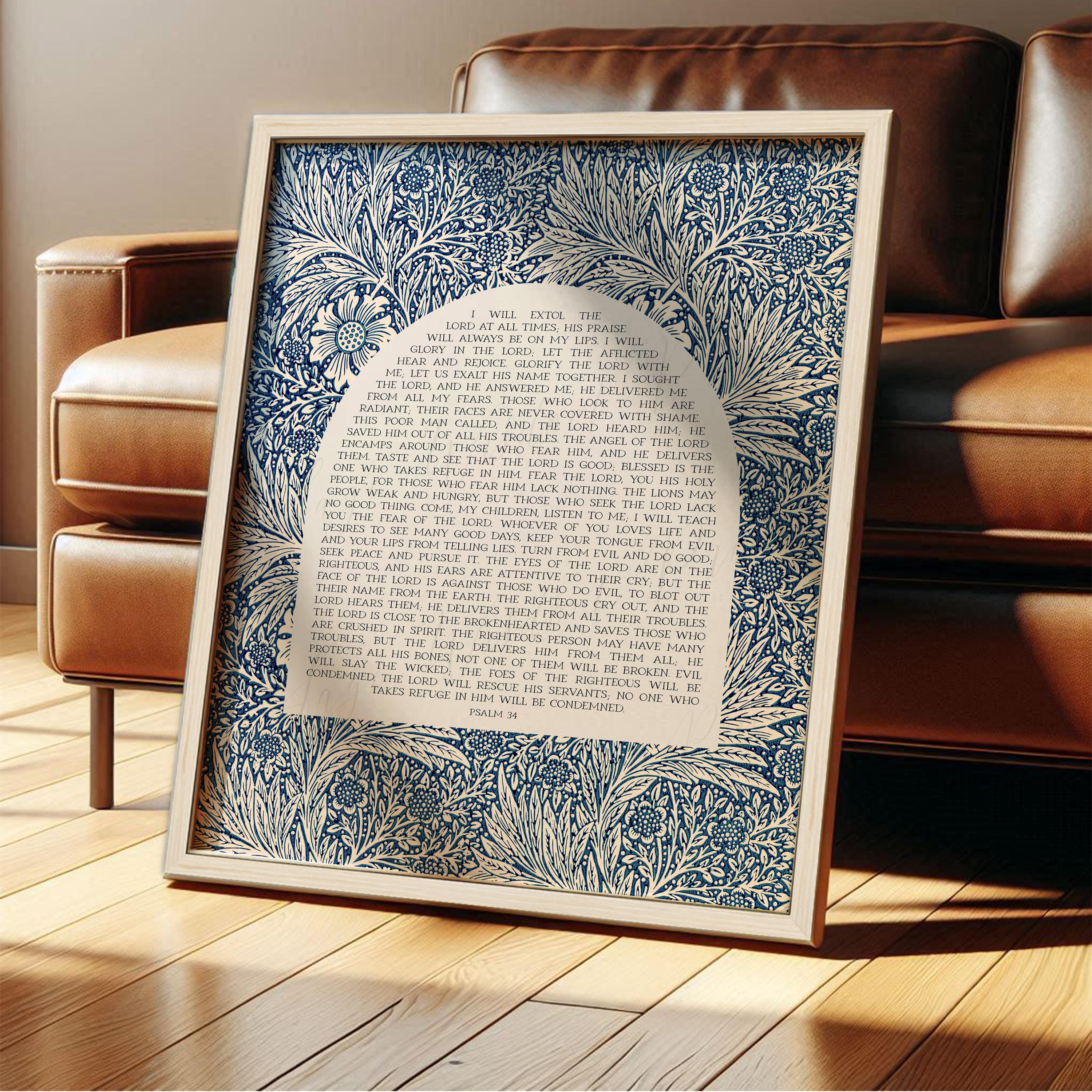 Psalm 34 Print | Christian Wall Art, Blue Vintage Floral Bible Verse ...