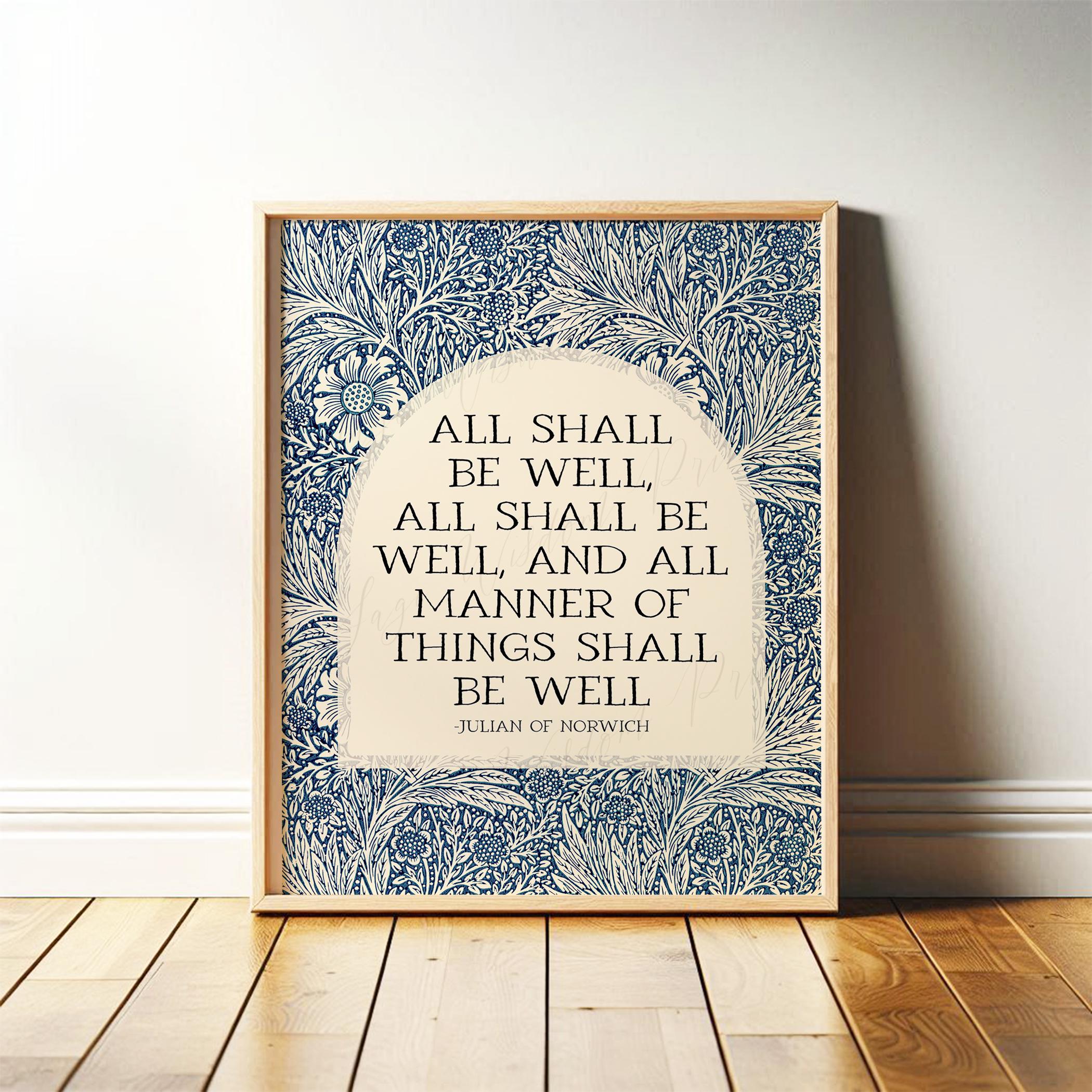 All Shall Be Well Print | Julian of Norwich Quote, Christian Wall Art, Catholic Decor | Religious Vintage Blue Floral Art | Print or Canvas