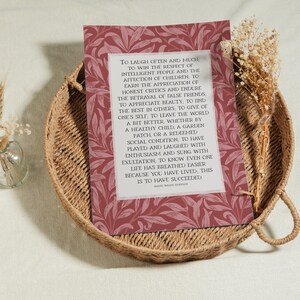 Ralph Waldo Emerson "Success" poem written in light beige center rectangle with a red floral William Morris background. Pictured as unframed fine art print.