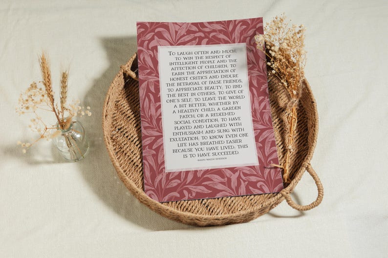 Ralph Waldo Emerson "Success" poem written in light beige center rectangle with a red floral William Morris background. Pictured as unframed fine art print.