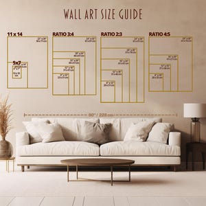 May include: Wall art size guide with dimensions in inches and centimeters. Displays various aspect ratios, including 3:4, 2:3, and 4:5, with sizes ranging from 5x7 inches to 24x36 inches. The text "WALL ART SIZE GUIDE" is at the top.