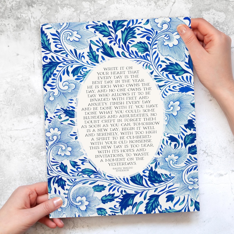 Ralph Waldo Emerson | Write it On Your Heart | Blue Green Vintage Floral Wall Art Print for Entryway, Kitchen, Digital Download, Printable