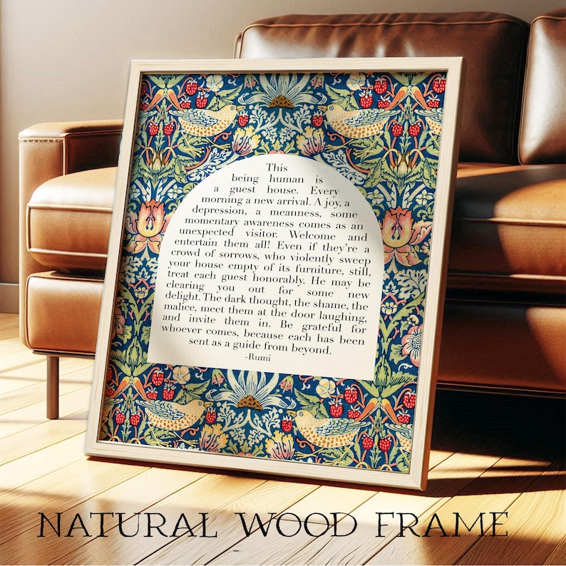 Rumi Guest House Quote | Mental Health Wall Art | Healing Journey, Self Care Office Decor with Colorful Vintage Art Framed Print OR Canvas