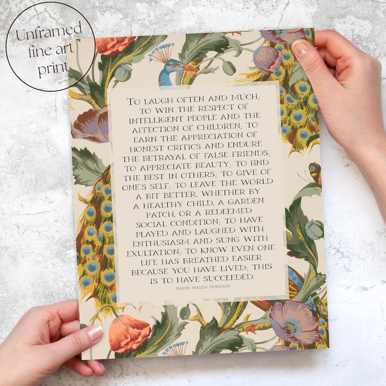 Success Quote, Ralph Waldo Emerson | Poetry Wall Art | Inspirational Poem Print, Mid Century Style Decor for Office | Framed Print or Canvas