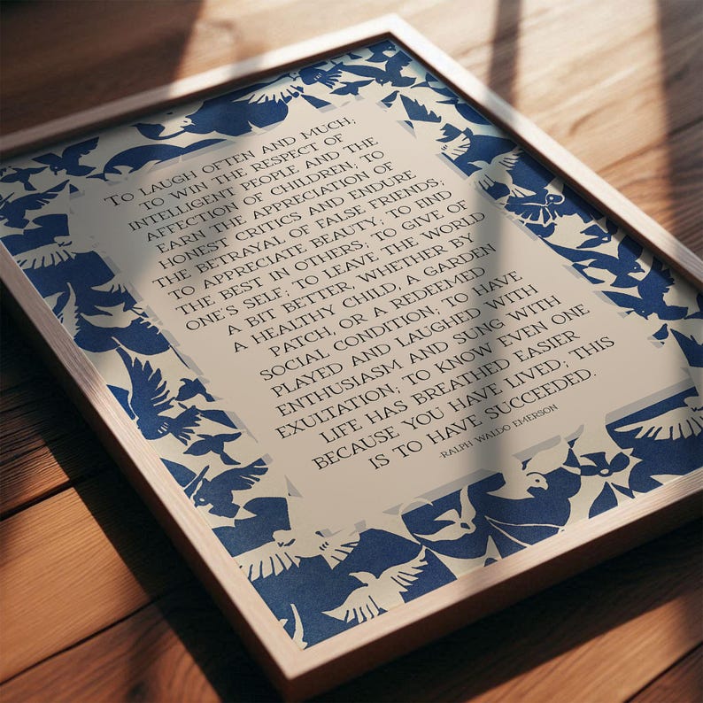 Success, Ralph Waldo Emerson Poetry Wall Art | Inspirational Poem Print, Mid Century Blue and White Abstract Bird Art Print or Canvas