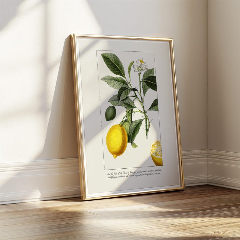 Fruit of the Spirit Printable Christian Wall Art | Galatians 5:22 Vintage Style Bible Verse Art, Lemon Print for Kitchen | Digital Download