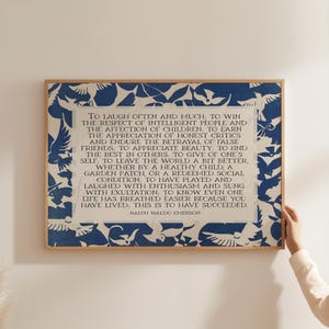 Ralph Waldo Emerson Success Poem | Poetry Wall Art | Horizontal Midcentury Style Literary Decor with Abstract Blue Birds | Print or Canvas