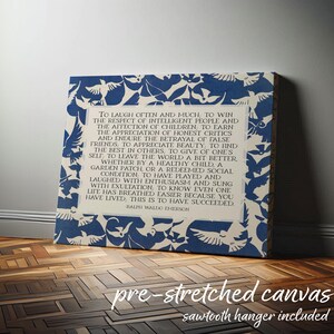 Ralph Waldo Emerson Success Poem | Poetry Wall Art | Horizontal Midcentury Style Literary Decor with Abstract Blue Birds | Print or Canvas