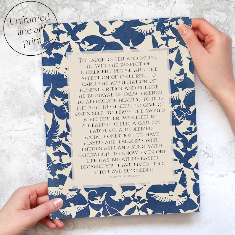 Success, Ralph Waldo Emerson Poetry Wall Art | Inspirational Poem Print, Mid Century Blue and White Abstract Bird Art Print or Canvas