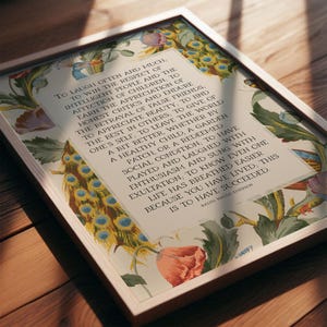 Art print of Ralph Waldo Emerson's Success quote - pictured in an uppercase serif font in a large beige rectangle in the middle of a background of an mid century peacock pattern.